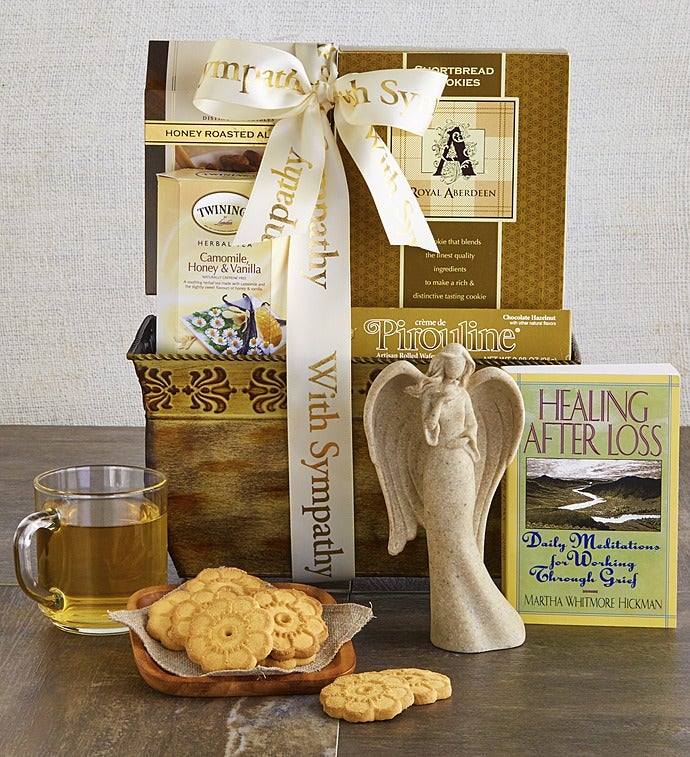 With Sympathy & Support Angel & Book Basket-With Sympathy & Support Angel & Book Basket