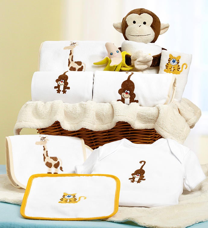 Image of Jungle Friends New Baby Boy Or Girl Gift Basket