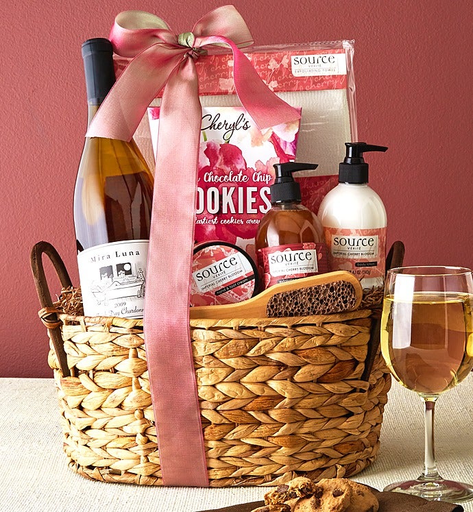 Cherry Blossoms Spa Gift Basket with Wine from 1-800-BASKETS.COM