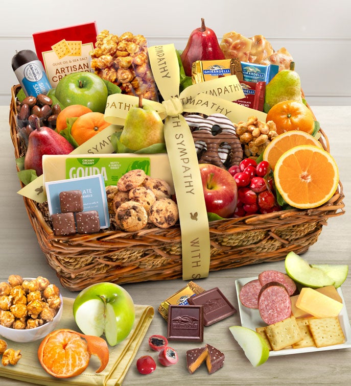 With Sympathy Fruit &amp; Sweets Gift Basket Deluxe