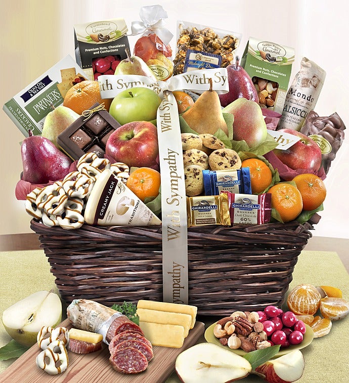 Image of With Sympathy Fruit & Sweets Gift Basket Deluxe