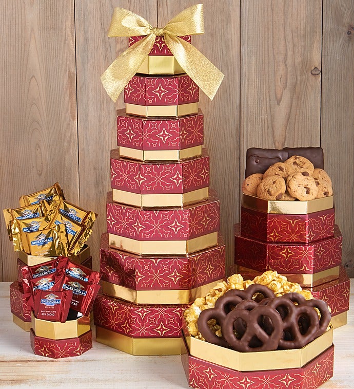 Golden Elegance Gift Tower with Ghirardelli
