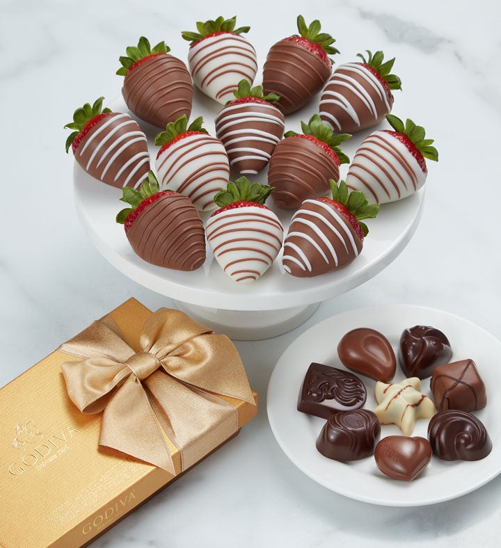 Image of Godiva Ballotin & Chocolate Covered Strawberries 12Ct