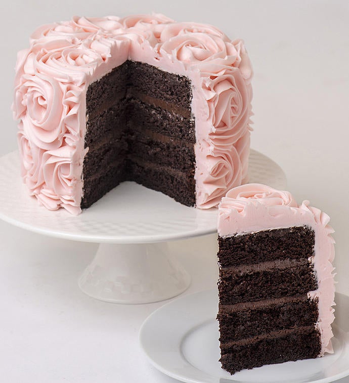 Image of Pink Rose Buttercream Frosted Chocolate Cake Tall 4 Lyr