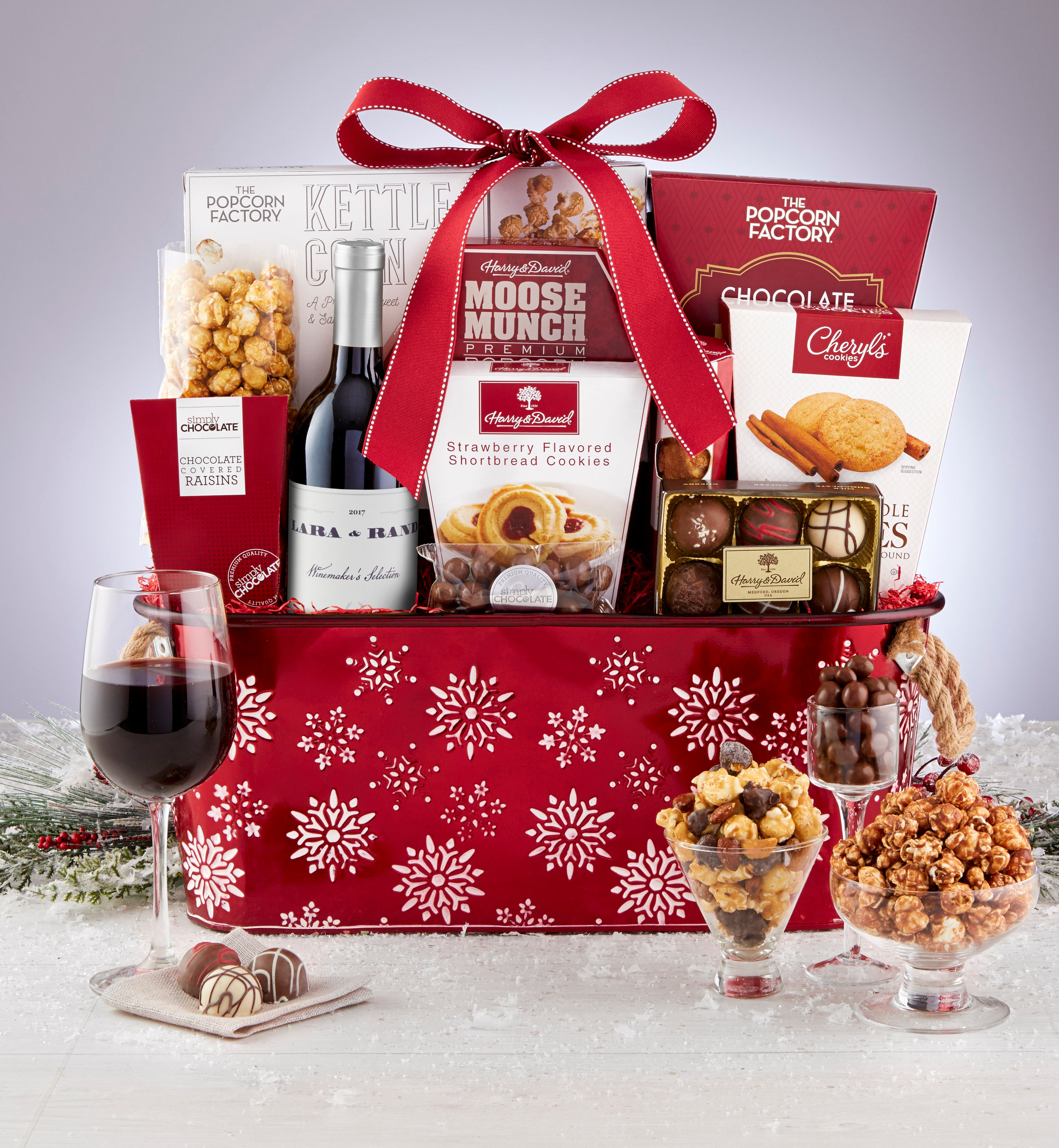Sparkling Snow Sweets & Treats Basket with Wine