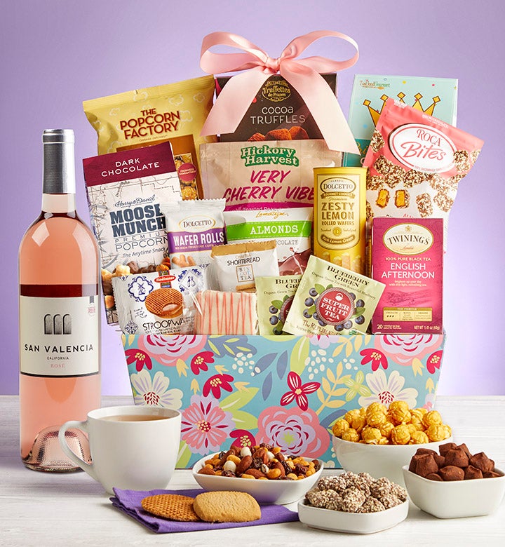 Blooming Grand Delights Gift Basket with Wine