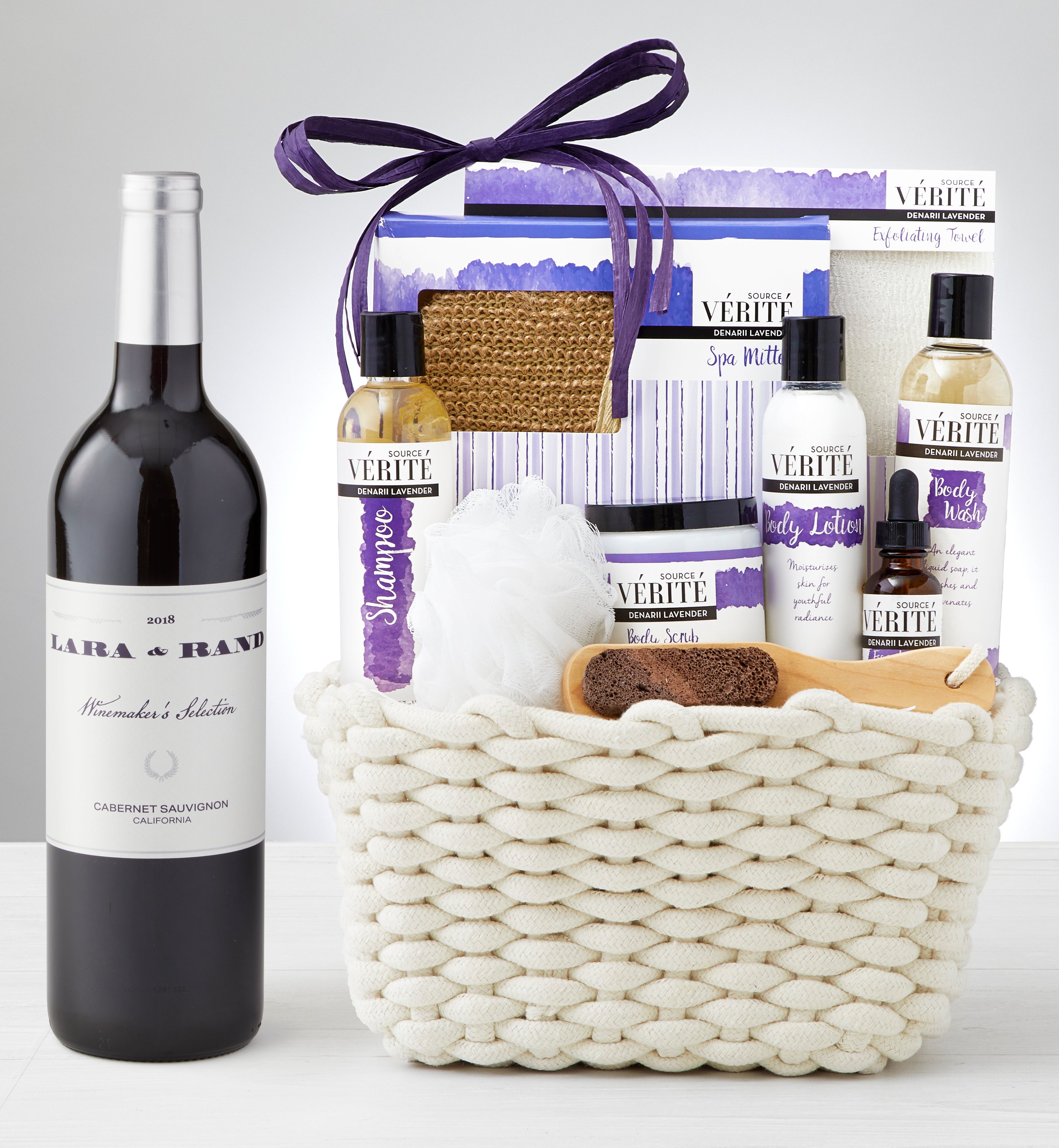 Valentine Denarii Lavender Spa Basket with Wine