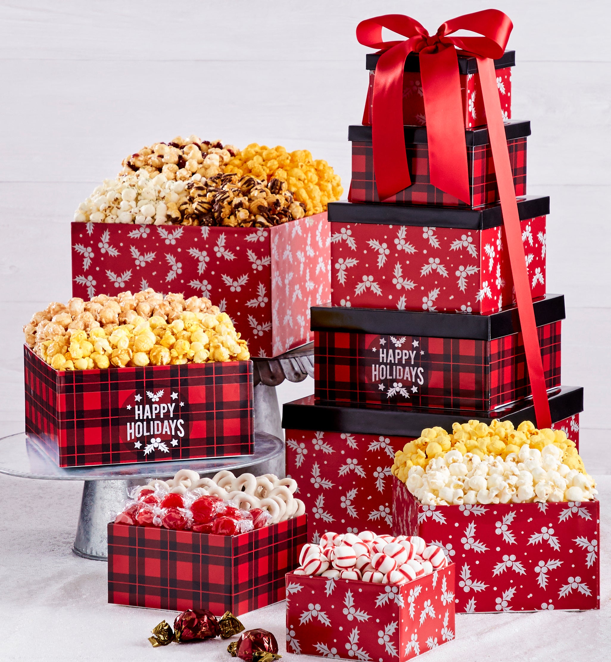 Popcorn Factory Happy Holidays Plaid 5 Tier Tower