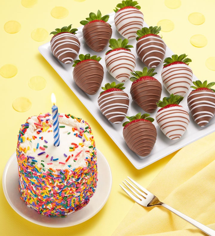 Image of Chocolate Covered Strawberries & Birthday Cake 12Ct